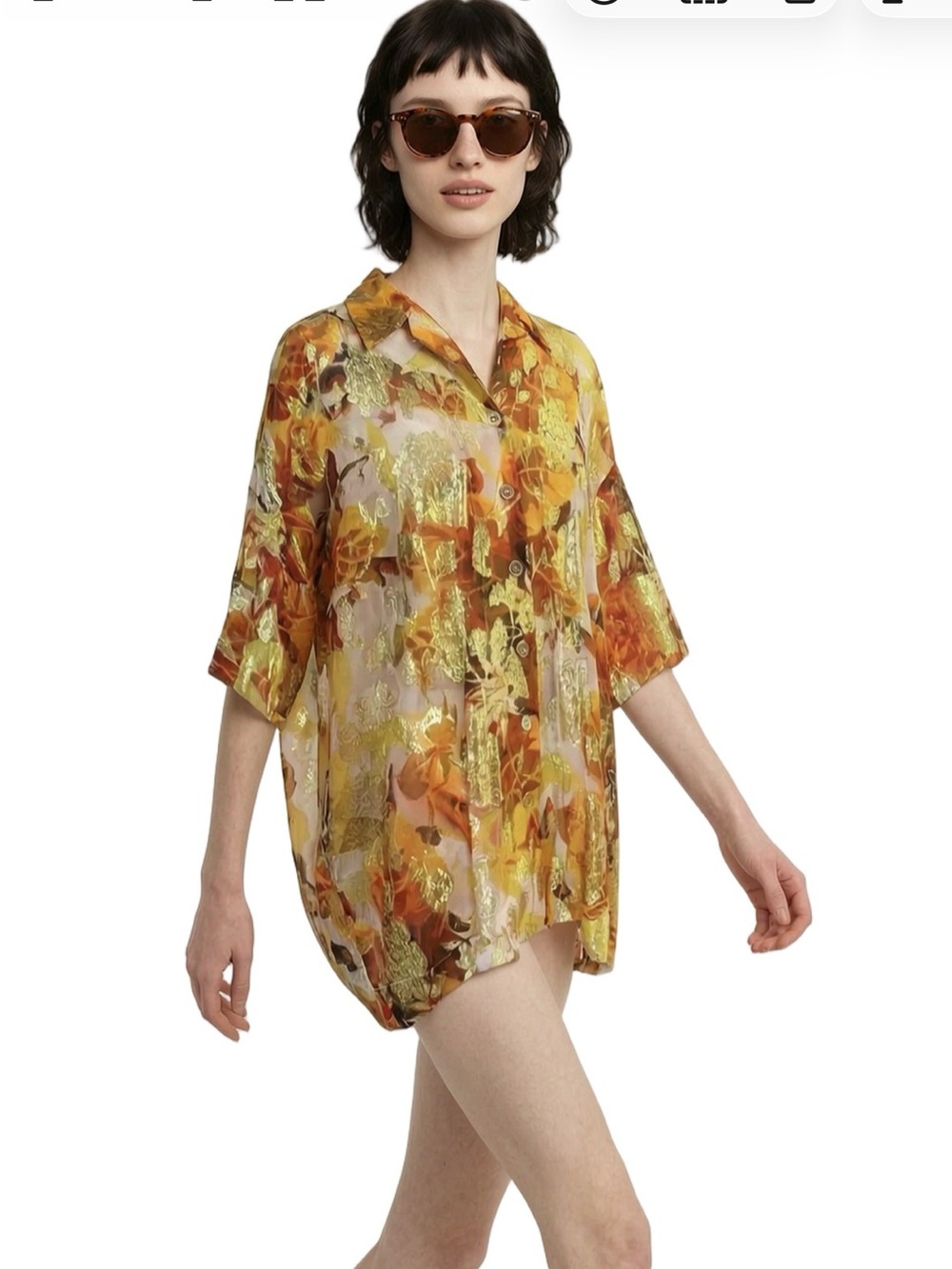 TOPSHOP orange metallic gold sheer short sleeve collared tunic Unique split back - Picture 3 of 14